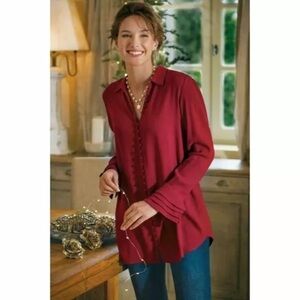 Soft Surroundings Moroccan Red Rayon Crepe Poet Blouse Ruffled Sleeves Medium